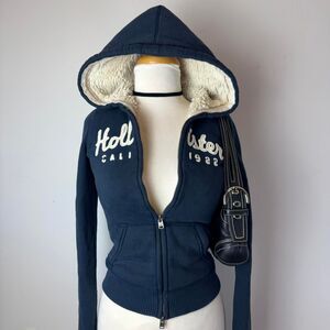 Hollister Y2K 2000s Navy Blue Full Zip Fur Hoodie Jacket RARE FIND